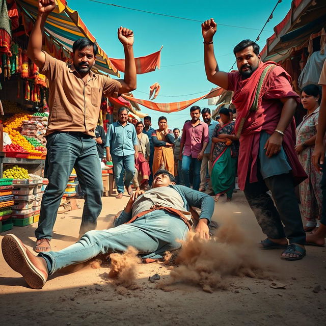 A dramatic scene in a bustling market, with a young man in casual clothing, showing signs of struggle and defeat as he lies on the ground