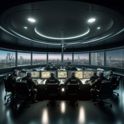 A well-lit glass penthouse office serving as a SWAT control room, featuring five officers sitting at screens. The design is influenced by the architectural details from the provided link.