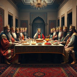 A monumental tableau featuring the great kings of Iran reenacting the iconic moment from Leonardo da Vinci's 'The Last Supper'