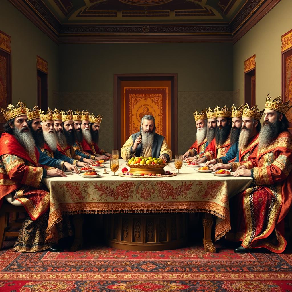 A monumental tableau featuring the great kings of Iran reenacting the iconic moment from Leonardo da Vinci's 'The Last Supper'