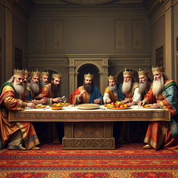 A monumental tableau featuring the great kings of Iran reenacting the iconic moment from Leonardo da Vinci's 'The Last Supper'