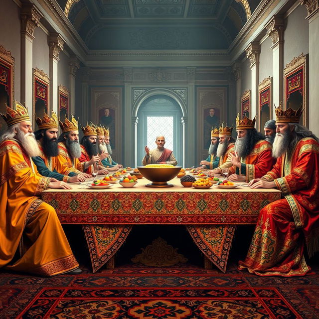 A monumental tableau featuring the great kings of Iran reenacting the iconic moment from Leonardo da Vinci's 'The Last Supper'