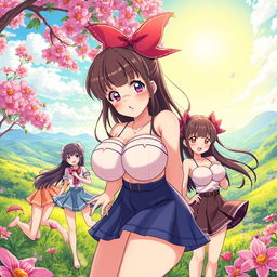 A highly detailed illustration of anime-style girls with exaggerated features, focusing on curvy body proportions, specifically emphasizing large breasts
