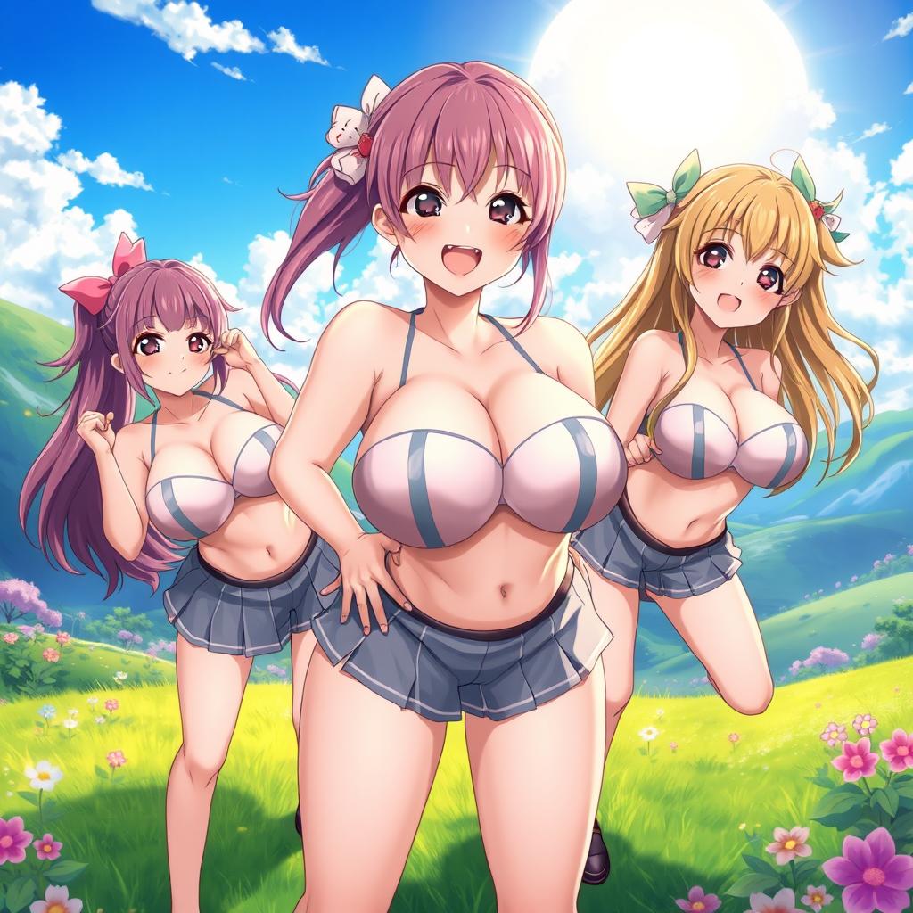 A highly detailed illustration of anime-style girls with exaggerated features, focusing on curvy body proportions, specifically emphasizing large breasts