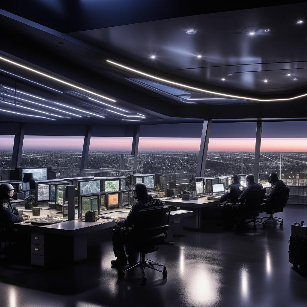 A well-lit glass penthouse office serving as a SWAT control room, featuring five officers sitting at screens. The design is influenced by the architectural details from the provided link.