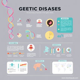 A visually stunning and informative infographic about genetic diseases, showcasing various genetic conditions such as cystic fibrosis, sickle cell anemia, and hemophilia