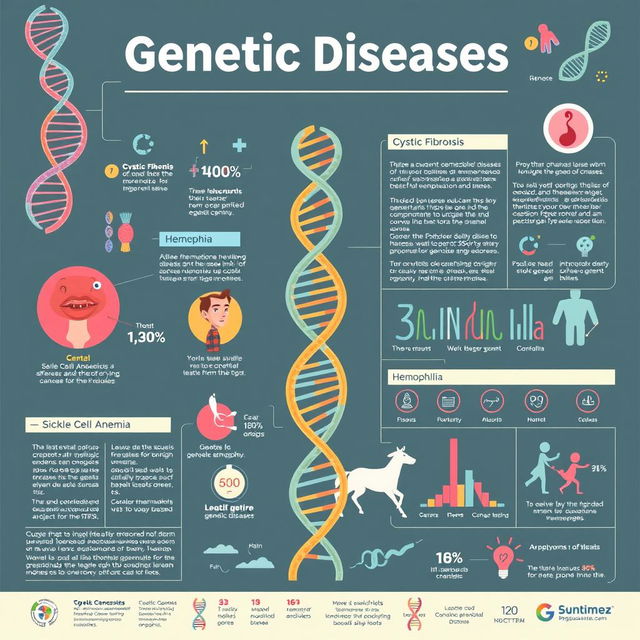 A visually stunning and informative infographic about genetic diseases, showcasing various genetic conditions such as cystic fibrosis, sickle cell anemia, and hemophilia