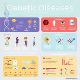 A visually stunning and informative infographic about genetic diseases, showcasing various genetic conditions such as cystic fibrosis, sickle cell anemia, and hemophilia