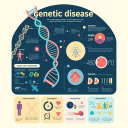 A visually stunning and informative infographic about genetic diseases, showcasing various genetic conditions such as cystic fibrosis, sickle cell anemia, and hemophilia