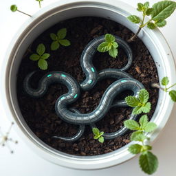 A highly detailed and futuristic scene depicting artificial earthworms made from advanced nanotechnology, placed in a container filled with rich, dark soil