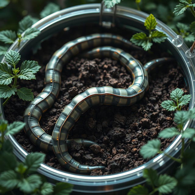 A highly detailed and futuristic scene depicting artificial earthworms made from advanced nanotechnology, placed in a container filled with rich, dark soil