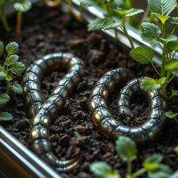 A highly detailed and futuristic scene depicting artificial earthworms made from advanced nanotechnology, placed in a container filled with rich, dark soil