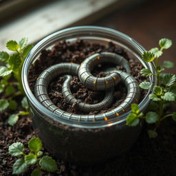 A highly detailed and futuristic scene depicting artificial earthworms made from advanced nanotechnology, placed in a container filled with rich, dark soil