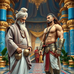 A high-resolution, wide framed image featuring an aged man adorned in an intricately designed turban and a royal grey pink robe, paired with a white dhoti
