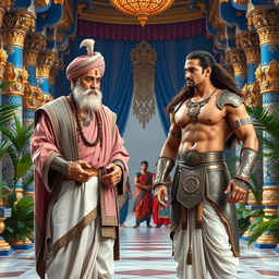 A high-resolution, wide framed image featuring an aged man adorned in an intricately designed turban and a royal grey pink robe, paired with a white dhoti