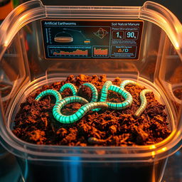An imaginative scene showcasing artificial earthworms, designed using advanced nanotechnology, placed into a container filled with rich, earthy soil