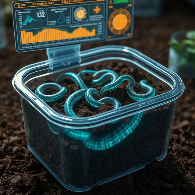 An imaginative scene showcasing artificial earthworms, designed using advanced nanotechnology, placed into a container filled with rich, earthy soil