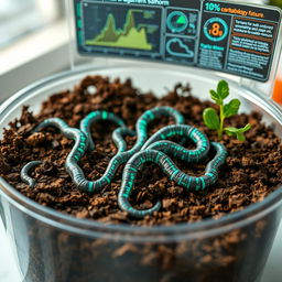 An imaginative scene showcasing artificial earthworms, designed using advanced nanotechnology, placed into a container filled with rich, earthy soil