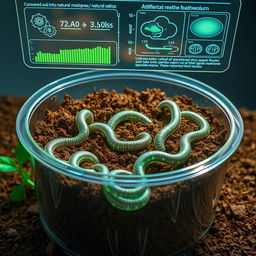 An imaginative scene showcasing artificial earthworms, designed using advanced nanotechnology, placed into a container filled with rich, earthy soil