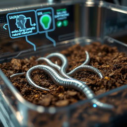 A futuristic scene depicting artificial earthworms created using nanotechnology in a container filled with rich soil