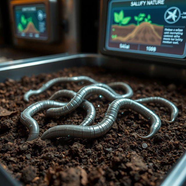 A futuristic scene depicting artificial earthworms created using nanotechnology in a container filled with rich soil