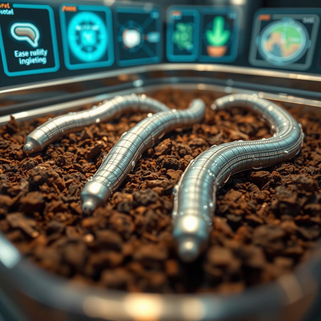 A futuristic scene depicting artificial earthworms created using nanotechnology in a container filled with rich soil