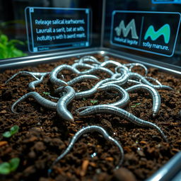 A futuristic scene depicting artificial earthworms created using nanotechnology in a container filled with rich soil