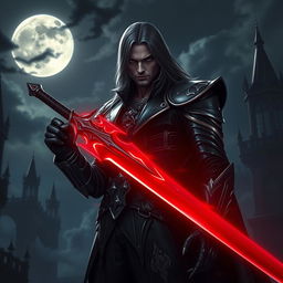 A cinematic and highly detailed portrayal of Alucard, the legendary demon hunter, standing in a dark, gothic battlefield
