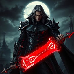 A cinematic and highly detailed portrayal of Alucard, the legendary demon hunter, standing in a dark, gothic battlefield