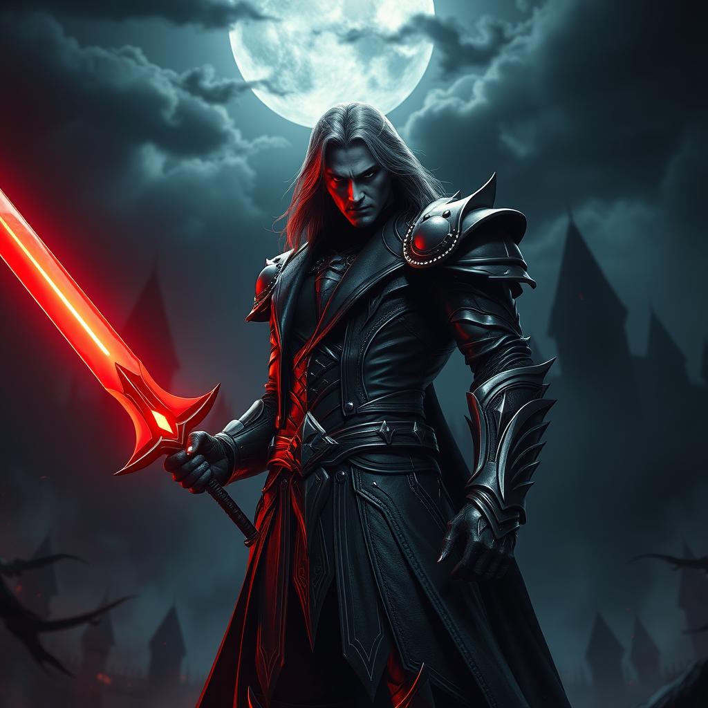 A cinematic and highly detailed portrayal of Alucard, the legendary demon hunter, standing in a dark, gothic battlefield