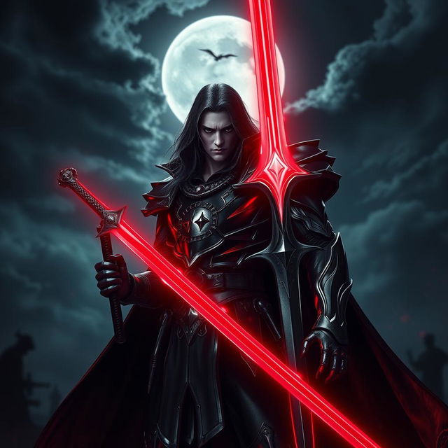 A cinematic and highly detailed portrayal of Alucard, the legendary demon hunter, standing in a dark, gothic battlefield