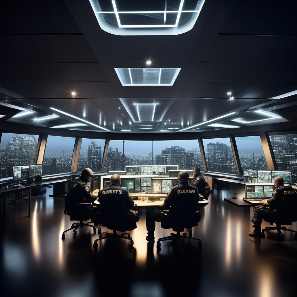 A well-lit glass penthouse office serving as a SWAT control room, featuring five officers sitting at screens. The design is influenced by the architectural details from the provided link.