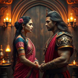 A high-resolution wide shot featuring a beautiful Indian ethereal woman and a muscular Indian king standing face to face in a secret gothic-style room