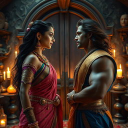 A high-resolution wide shot featuring a beautiful Indian ethereal woman and a muscular Indian king standing face to face in a secret gothic-style room