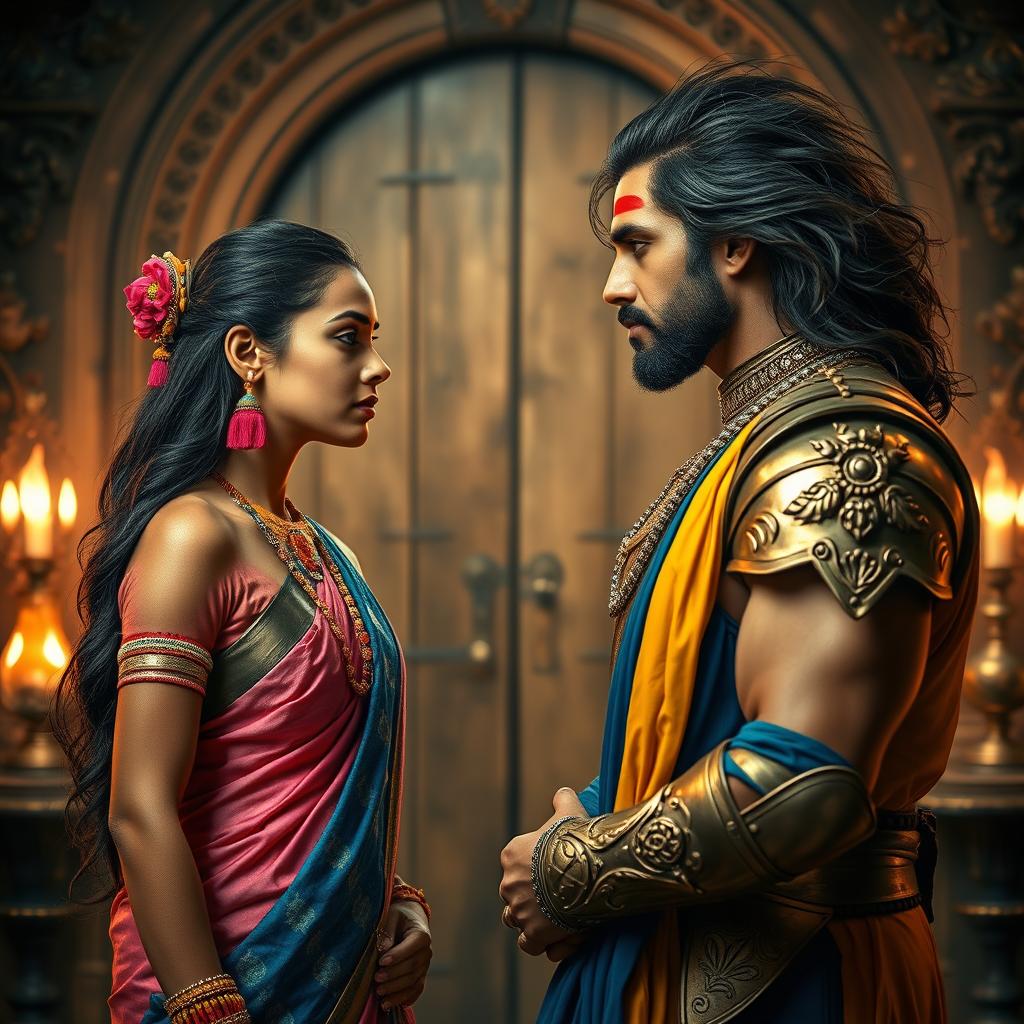 A high-resolution wide shot featuring a beautiful Indian ethereal woman and a muscular Indian king standing face to face in a secret gothic-style room