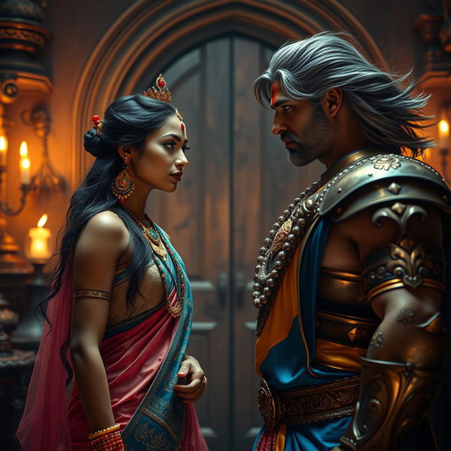 A high-resolution wide shot featuring a beautiful Indian ethereal woman and a muscular Indian king standing face to face in a secret gothic-style room