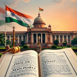 A detailed and artistic representation of the Indian Constitution, featuring the majestic facade of the Parliament House in New Delhi in the background