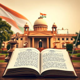 A detailed and artistic representation of the Indian Constitution, featuring the majestic facade of the Parliament House in New Delhi in the background