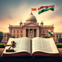 A detailed and artistic representation of the Indian Constitution, featuring the majestic facade of the Parliament House in New Delhi in the background