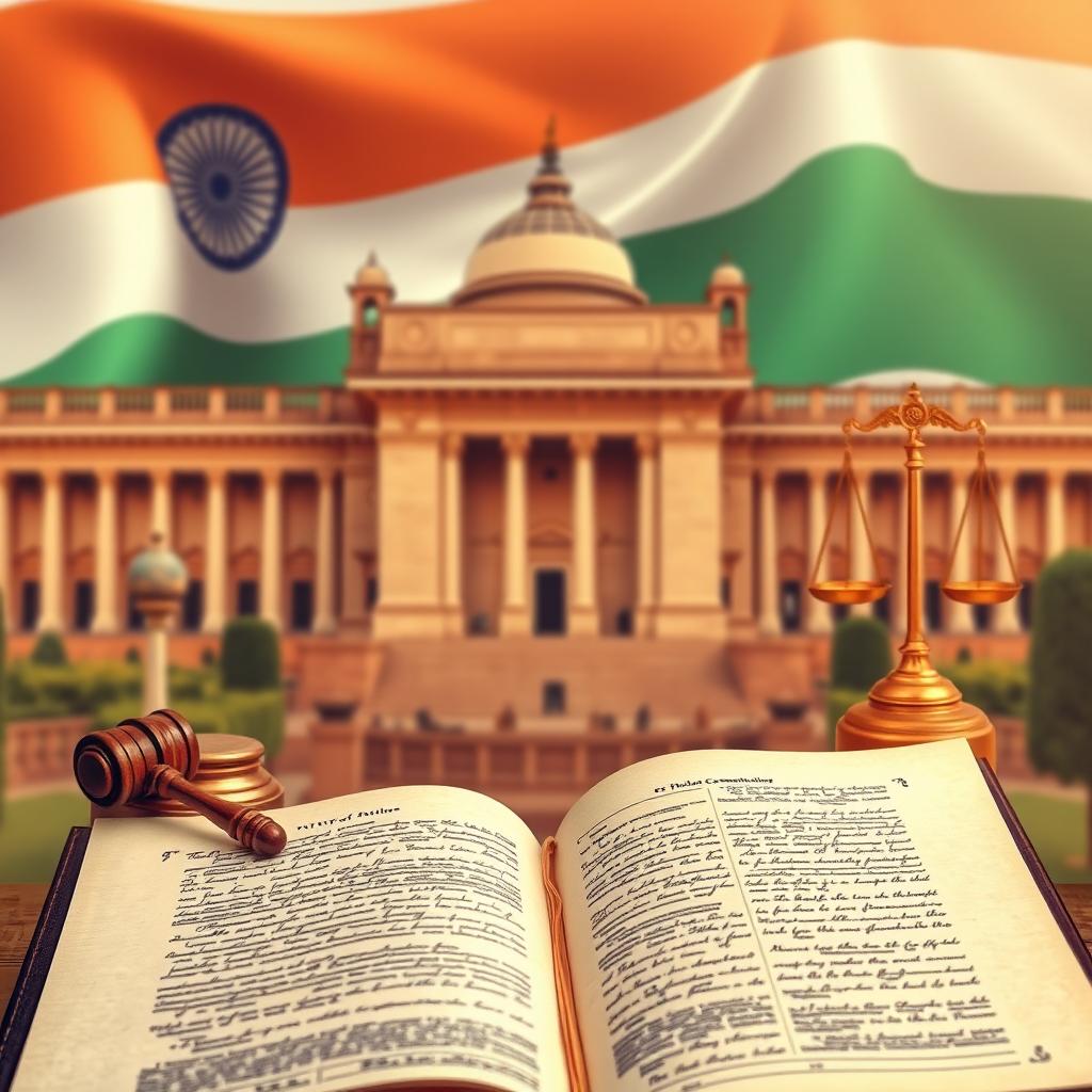 A detailed and artistic representation of the Indian Constitution, featuring the majestic facade of the Parliament House in New Delhi in the background
