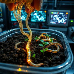 A futuristic scene depicting artificial earthworms created through nanotechnology being placed into a container filled with rich, dark soil
