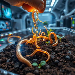 A futuristic scene depicting artificial earthworms created through nanotechnology being placed into a container filled with rich, dark soil