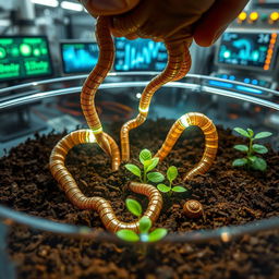 A futuristic scene depicting artificial earthworms created through nanotechnology being placed into a container filled with rich, dark soil
