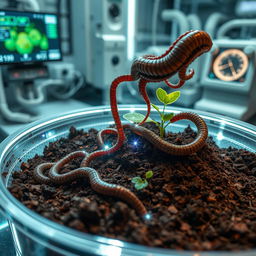 A futuristic scene depicting artificial earthworms created through nanotechnology being placed into a container filled with rich, dark soil