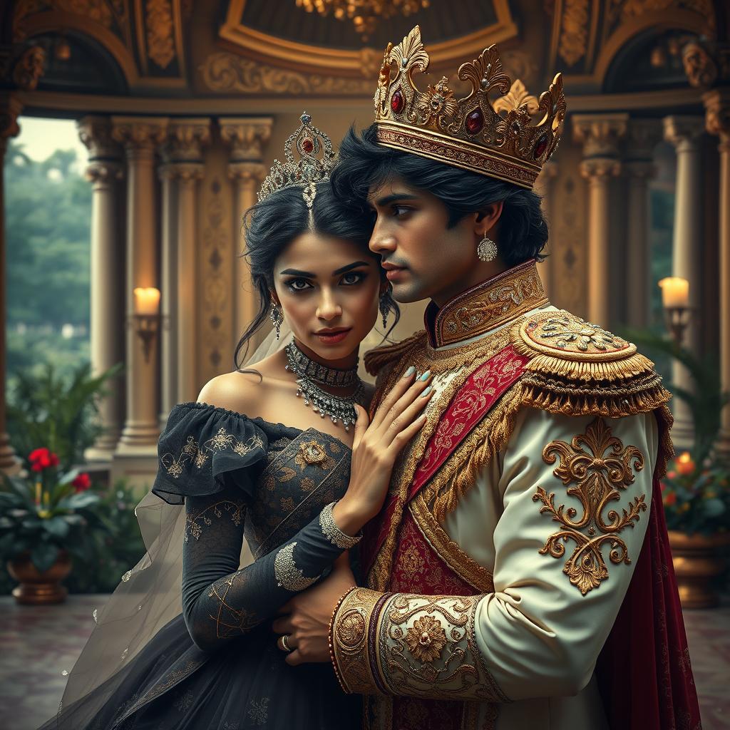 A stunning scene depicting a cursed princess and a pampered crown prince in a lavish setting in India