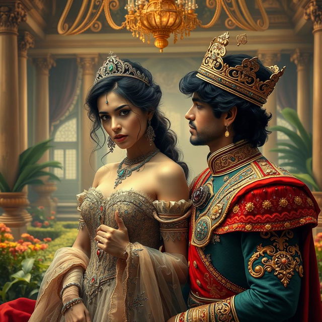 A stunning scene depicting a cursed princess and a pampered crown prince in a lavish setting in India