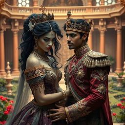 A stunning scene depicting a cursed princess and a pampered crown prince in a lavish setting in India