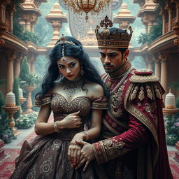 A stunning scene depicting a cursed princess and a pampered crown prince in a lavish setting in India