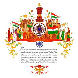 An artistic interpretation of the Indian Constitution, featuring a beautifully illuminated manuscript style