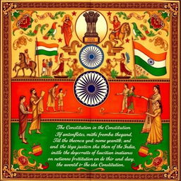 An artistic interpretation of the Indian Constitution, featuring a beautifully illuminated manuscript style
